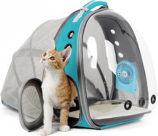 Cat Travel Backpack with Fan, Fit up to 20 Lbs, Space Capsule Astronaut Clear Bubble Window Pet Backpack for Kitten and Small Puppy (Green, Back Extension + Fan)